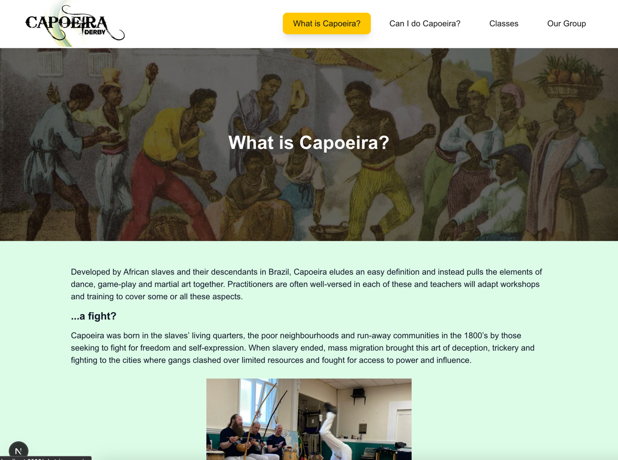 A screenshot of the new 'What is Capoeira?' page.